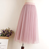 Midi Pleated Black Pink Tulle Skirt Women Spring Summer Korean Elastic High Waist Mesh Skirt