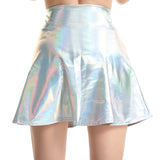 Women Pleated A-Line Skater Skirt Summer Shiny Metallic Holographic Club Disco Harajuku Mini Skirt