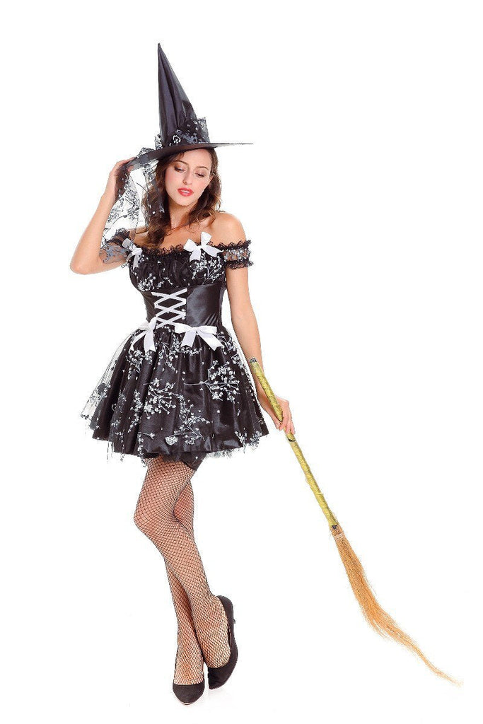 New Black Witch Costume Halloween Party Witch Costume Women Sexy Performances Fancy Dress+Hat