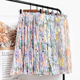 Women Chiffon Pleated Skirt Elastic High Waist Summer Print Casual Midi Long Skirt