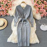 Women Sexy Crossover V Neck Long Sleeve Knitted Dress Autumn Winter Midi Dress With Belt Elegant Bodycon Dress