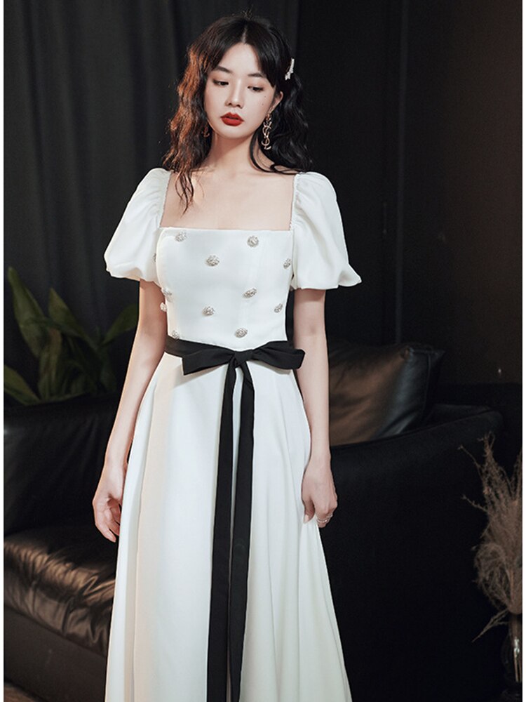 French Elegant Red Evening Dresses Short-sleeve A-line Birthday Party Dress Bow U-neck Formal Dress Long Prom Dress White Gowns