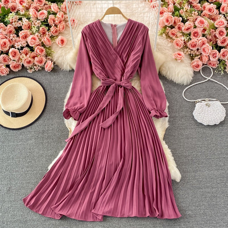 Party Elegant Vintage Midi Dress With Belt Autumn V Neck Long Sleeve C jetechband Party Elegant Vintage Midi Dress With Belt Autumn V Neck Long Sleeve C jetechband