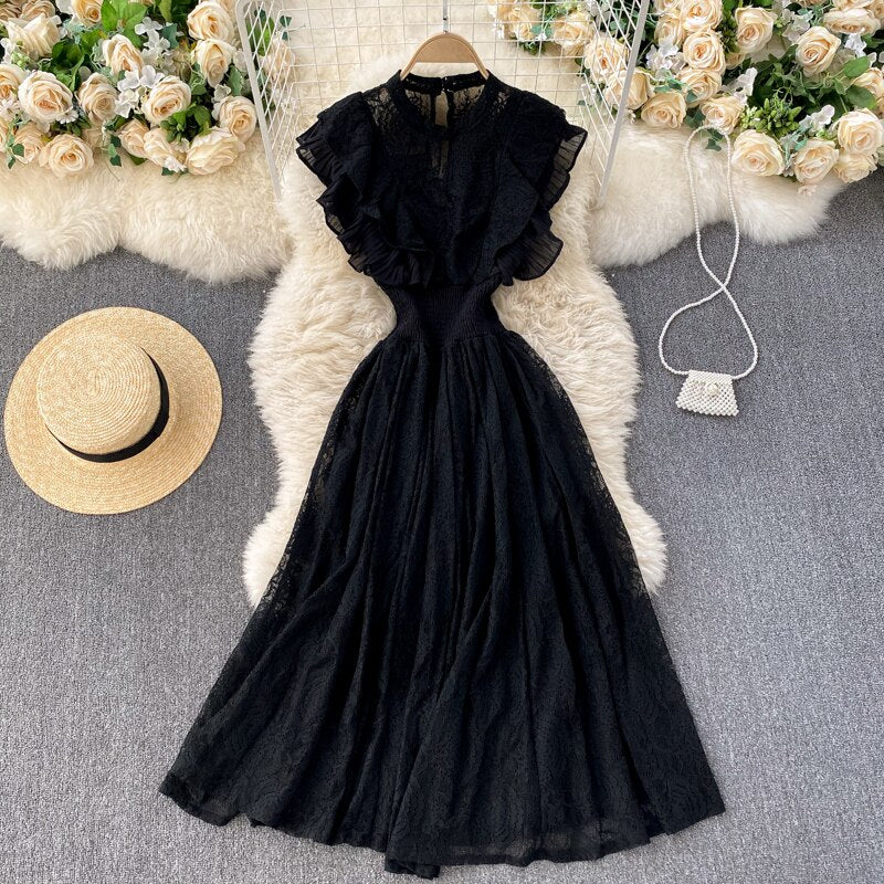 Elegant Office Lady Ruffle Lace Dress Summer Clothes Sleeveless Round Neck Vintage Midi Dress
