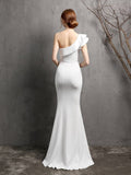 White One Shoulder Taffeta Women Formal Dress Ruffle Sleeve Split Party Gowns Dress for Wedding