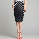 Vintage Black White Stretch Pencil Women Office Lady Formal Polka Dot Midi Skirts Elegant Package Hip Skirts