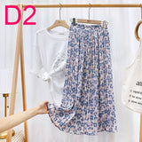 Summer New Vintage Floral Print Chiffon Pleated Skirt Elastic High Waist Casual Midi Skirt