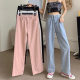 Women High Waist Casual Jeans Korean Style Solid Color All-match Ladies Straight Denim Pants