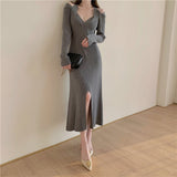 Winter Long Sleeve Thick Warm Ribbed Knitted Dress Women Sexy Cold Shoulder V Neck Twist Elegant Midi Dress With Slit