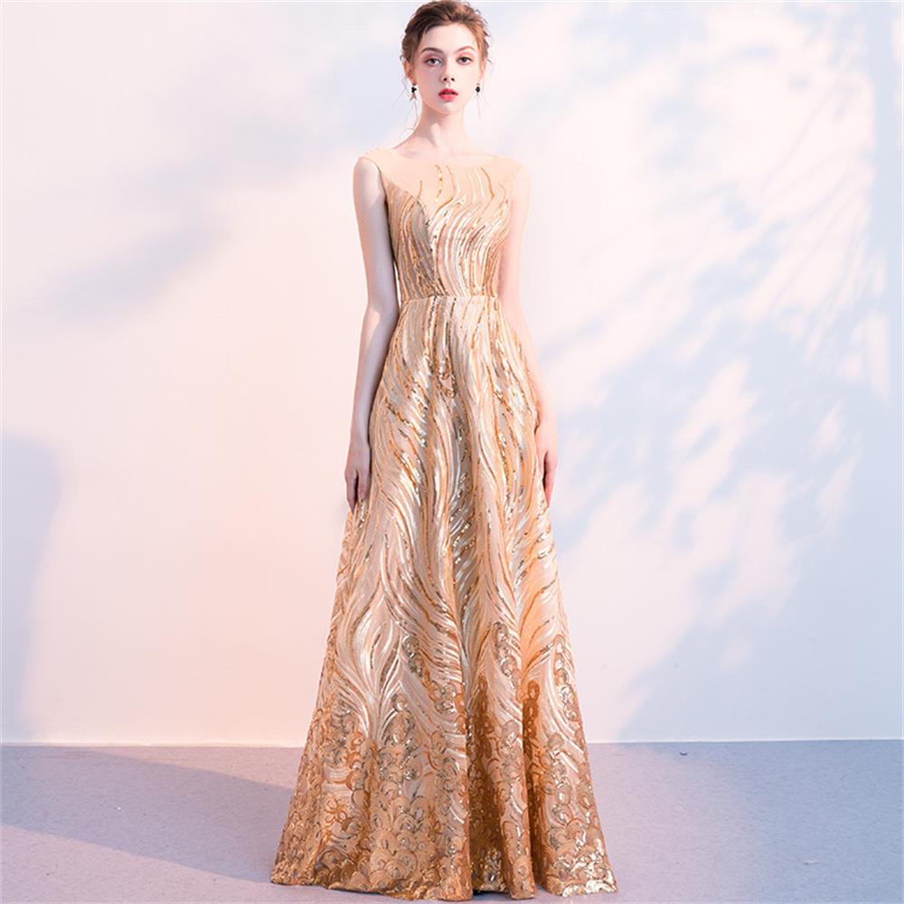 Luxury Long Evening Dress Rose Gold Sleeveless Vestido Sequins Dinner Gowns O-neck A-line Formal Party Prom Gowns