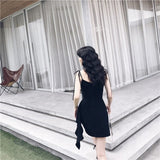 Summer Gothic Rock Black Mini Dress Women Sexy Strap Sleeveless V collar Lacing Side Lace up A-line Female Short Sundress