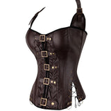 Women's Brown Black Lingerie Halterneck Corsets Bustiers Steampunk Zip Leather Corset Sexy Gothic Party Clubwear Corselet
