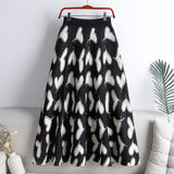 Woman Casual Heart Shaped Winter Elastic High Waist Pleated Knitted Midi Skirt