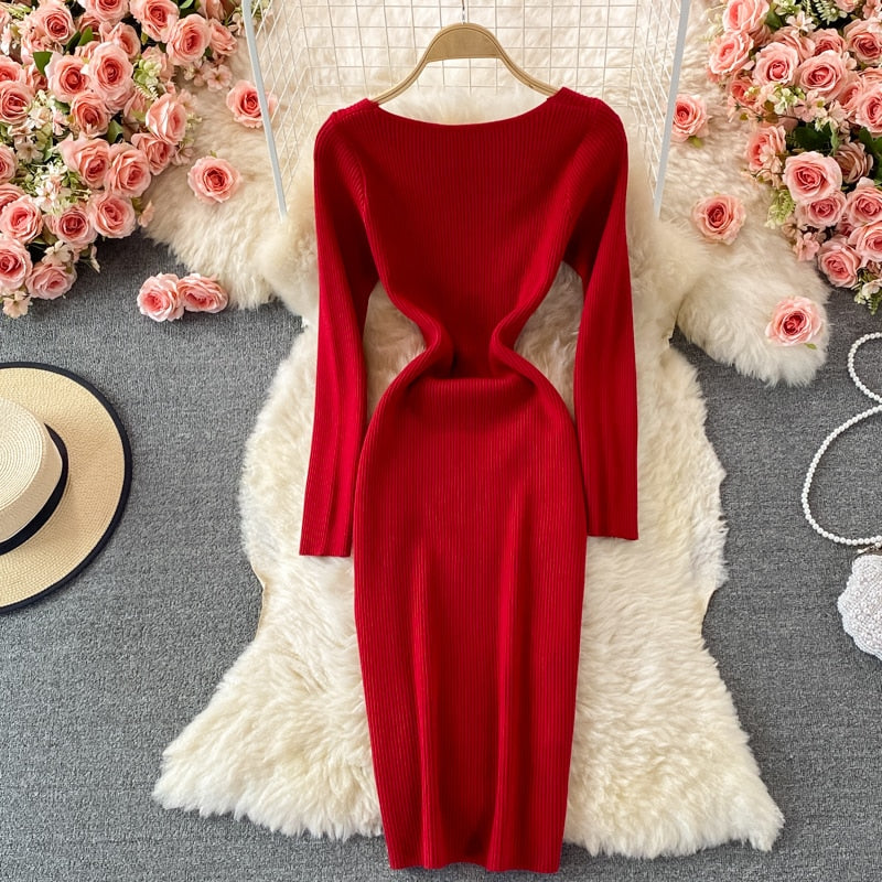 Elegant Midi Dress Fall Winter Women Long Sleeve Thick Warm Knitted Dress Sweetheart Neck Party Sexy Bodycon Dress