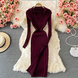 Winter Lapel Collared V Neck Ribbed Knitted Midi Dress Elegant Long Sleeve Side Slit Sexy Bodycon Dress