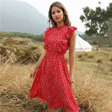 Dot Print Butterfly Sleeve Ruffles Medium Long Chiffon Dress