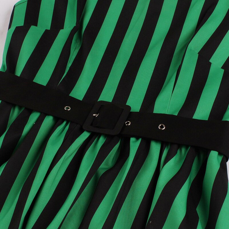 Green and Black Striped Vintage Cotton Pleated Women Cap Sleeve Plus Size Retro Pin Up Dress with Belt