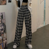 Korean Style Women High Waist Wide Leg Pants Vintage Plaid Loose Ladies Casual Harajuku Pants