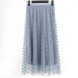 Long Women Korean Polka Dot High Waist Mesh Pleated Skirt