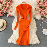 Winter Lapel Collared V Neck Ribbed Knitted Midi Dress Elegant Long Sleeve Side Slit Sexy Bodycon Dress