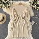 Autumn Winter Mini Dresses For Women Elegant Mock Neck Puff Sleeve Knitted Dress Solid Ribbed Sexy Bodycon Dress