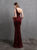 Elegant One Shoulder Mermaid Sequins Cocktail Party Dress Sleeveless Slim Tassels Crystal Prom Gowns Women's Formal Dress Long