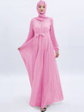 Belt Bow Chiffon Muslim Dress Abaya Dress Plus Size Arab Casual Dress Prom Gowns Robe De Soriee Full-Sleeve O-neck Dress