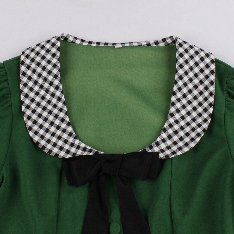 Vintage Green A-Line Midi Dress Square Neck Single-Breasted Bow Elegant 50s Style Women Short Sleeve Pinup Tunic Dresses