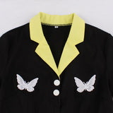Black Contrast Notched Collar Butterfly Embroidery Vintage Button Front Elegant Pleated Dress