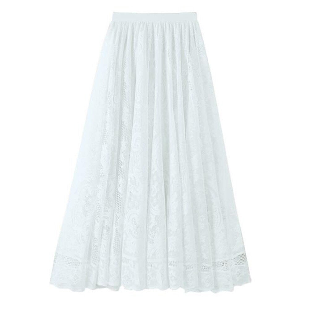 Long Boho Vintage Lace Pleated Korean Summer Solid White A-Line Maxi Skirt
