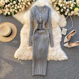 Autumn Winter Women Knitted Dress Long Sleeve Knee Length Midi Dress Elegant Pearl V Neck Sexy Bodycon Dress With Belt