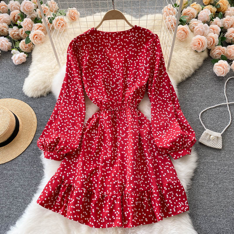 Spring Autumn Women Clothing V Neck Long Sleeve Mini Dress Elastic Waist Heart Shaped Printed Ruffle Hem Casual Dress