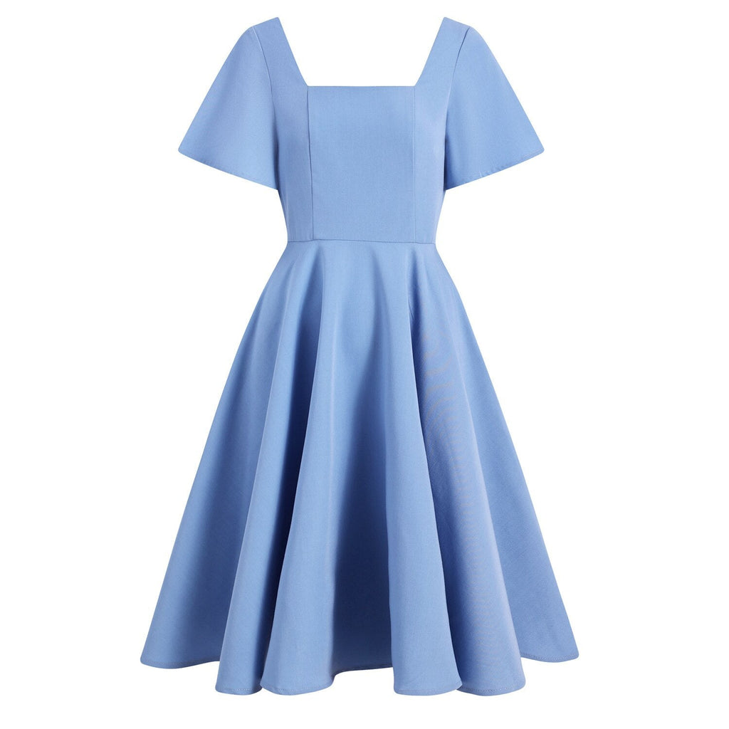 Elegant Blue Tunic Midi Summer Women Dress Office A Line Sundress Casual Elegant Retro Vintage 50s 60s Rockabilly Party Dresses