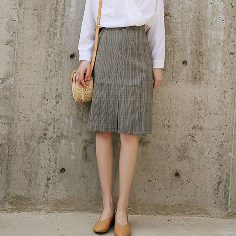 Office Lady Elegant Pencil Skirts Korean Style Vintage Plaid Knee-length Women High Waist Pencil Skirt
