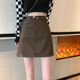 Women High Waist Mini Skirts Fashion Korean Style Solid Color PU Leather Ladies A-line Short Skirt