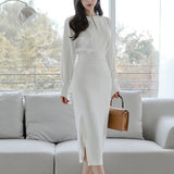 Women Chic Design Midi Dress Elegant Casual Office Lady High Wasit Fashion Slim Long sleeve Slit Dress