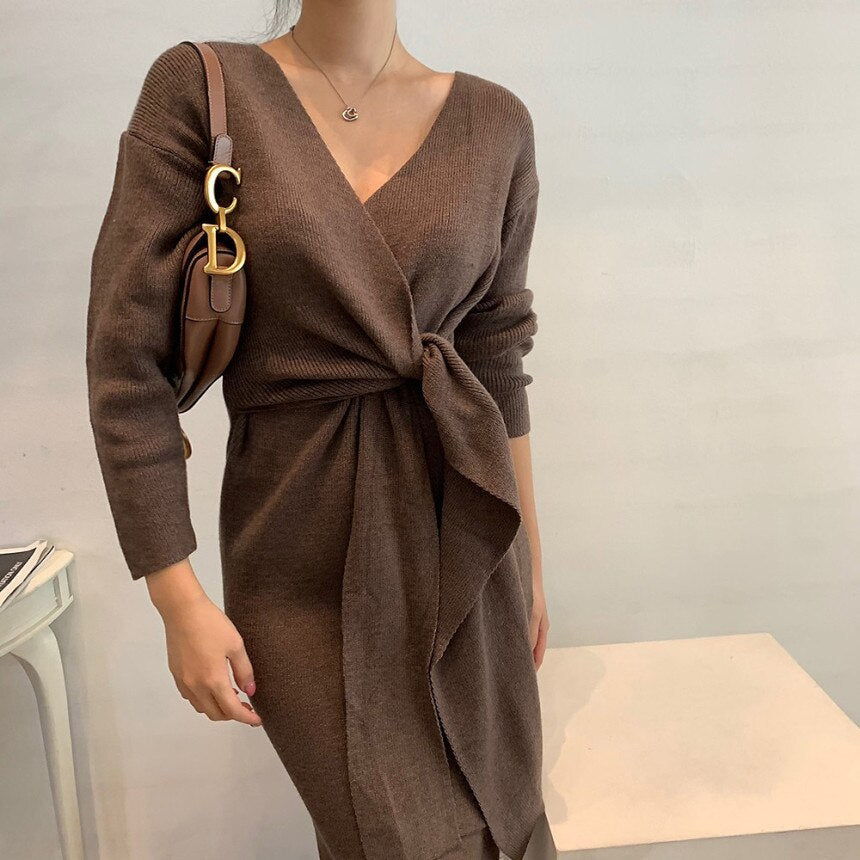 Crossover V Neck Long Sleeve Knitted Dress Autumn Winter Solid Waist T jetechband Crossover V Neck Long Sleeve Knitted Dress Autumn Winter Solid Waist T jetechband