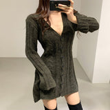 V Neck Button Up Cardigan Sweater Dress Long Sleeve Dress Women Winter Casual Twist Knitted Mini Short Dress