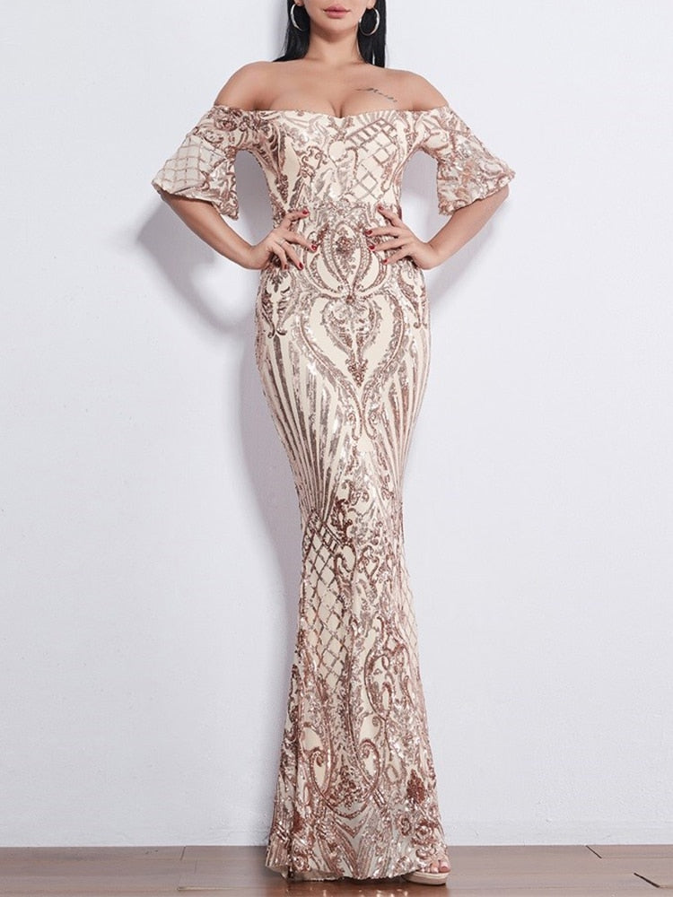 Lotus leaf sleeve Off-Shoulder Cocktail Dress Gold Sequins Embroider Elegant Mermaid Silver Party Prom Celebrity Gowns Vestioes