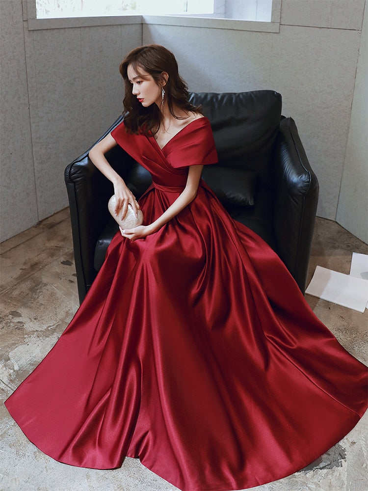 Big A-line Evening Dress Burgundy Double V-neck Prom Gown Short Cap-sleeve Party Robe Long Stain Formal Women Custom-made Dress