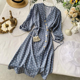 Elegant Vintage Polka Dot Dress V Neck Ruched Half Sleeve Button Summer Casual Midi Wrap Dress
