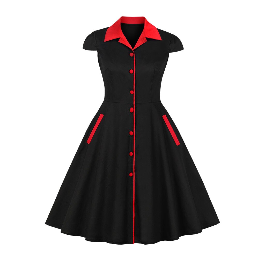 Women Robe Pin Up Dress Retro Vintage 50s 60s Patchwork Rockabilly Black Swing Summer Button Front Shirt Tunic Midi Dresses