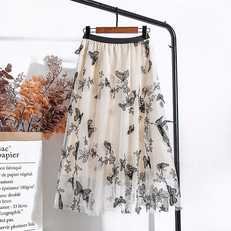 Woman Elegant Vintage Butterfly Embroidered A-Line Mesh Midi Skirt Elastic High Waist Summer Skirts