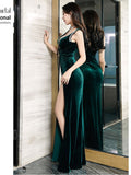 V Neck Sleeveless Sexy Lady Long Party Dress Green Black Velour High Split Women Vestidoes Robe