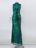 High Neck Sleeveless Mermaid Party Dress Sequins Formal Elegant Evening Dresses Vestidoes Prom Gowns