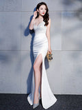 Spaghetti Strap Backless Evening Party Dress Sexy V-neck Side Split Prom Rhinestones Dress