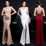 Sexy Backless Party Dress Sleeveless V Neck Prom Gowns Women Spaghetti Strap Split Cocktail Robes Taffeta Long Vestieos