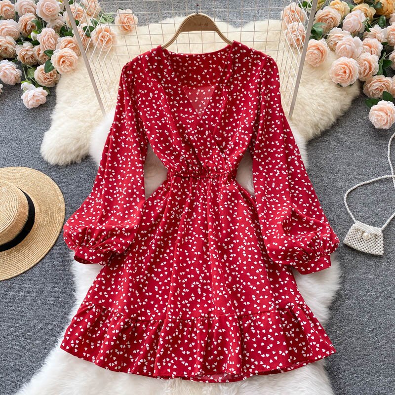 Spring Autumn Women Clothing V Neck Long Sleeve Mini Dress Elastic Waist Heart Shaped Printed Ruffle Hem Casual Dress