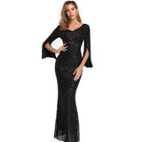 Burgund Evening Dress Long Sleeve Elegant Mermaid Long Formal Evening Party Dress V-neck Shiny Sequined Formal Prom Gowns