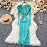 Autumn Winter Midi Dress Women O-Neck Long Sleeve Ribbed Knitted Dress Side Slit Night Club Party Sexy Bodycon Dress